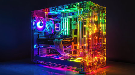 Transparent gaming PC case glowing with rainbow LEDs, revealing detailed internal wiring and componentsの素材