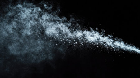 Slow-motion capture of fine mist spraying upward with sharp lighting, emphasizing the texture and motion on blackの素材