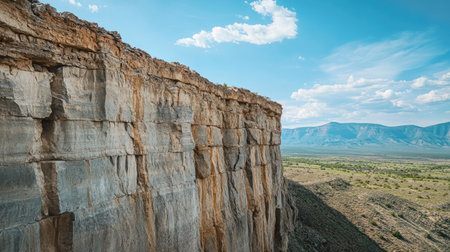 Vertical cliff wall with deep cracks and stone layers set against a distant mountain backdrop and blue skyの素材