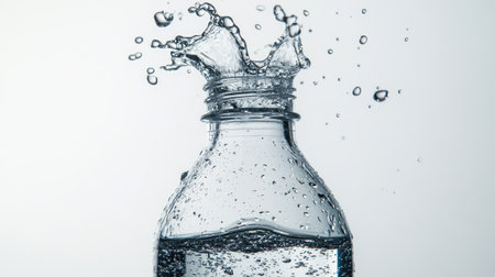 Water drops explode from a freshly opened bottle, captured in high resolution against a pure white backdropの素材