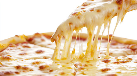 Close-up of melted cheese being stretched from a slice of pizza, isolated on white background, showing gooey texture and elasticityの素材