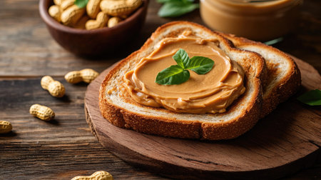 Traditional peanut butter toast presented simply and beautifully, making for a desirable food photography shotの素材
