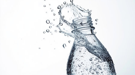 Water drops explode from a freshly opened bottle, captured in high resolution against a pure white backdropの素材