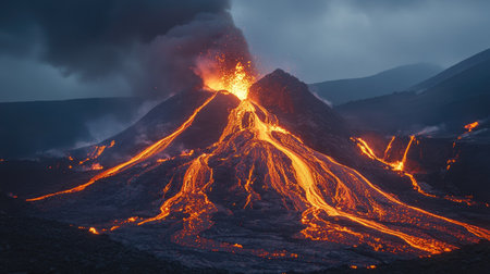 The moment a volcano's crater overflows, sending rivers of lava down its slopes in a fiery cascadeの素材