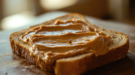 Toast with a thick layer of peanut butter, glimmering under soft lighting, creating a warm and appetizing imageの素材