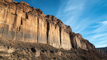 Vertical cliff wall with deep cracks and stone layers set against a distant mountain backdrop and blue skyの素材
