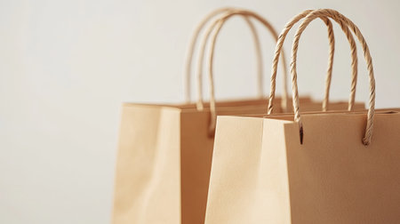 Close-up of kraft paper shopping bags with handles on a soft, light background, ideal for mockups or product displayの素材