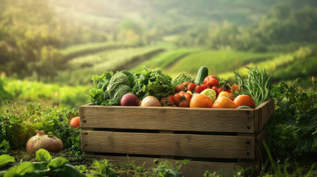 Textured wooden box brimming with healthy farm-fresh produce, set in a green agricultural landscapeの素材