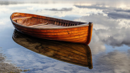 The side view of a wooden boat resting near the shore, its reflection glimmering in the waterの素材
