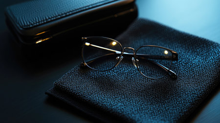 Stylish eyeglasses next to a microfiber cloth and case on a black background, symbolizing care and daily useの素材