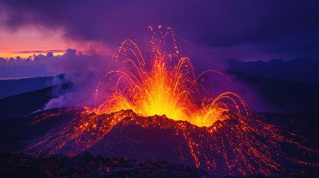Volcanic eruption at dusk, with sparks and lava shooting into the purple-black sky, reflecting a powerful force of natureの素材