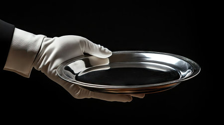 Waiter's hand wearing a pristine white glove carefully balancing a silver platter on a black background, symbolizing fine serviceの素材