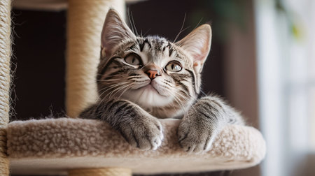 Young tabby cat stretching its paws on the highest perch of a carpeted cat tower, showing off its playful moodの素材