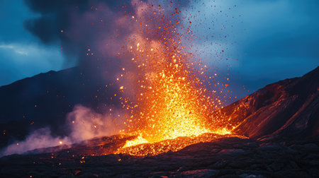 The moment a volcano violently expels magma, sending sparks and debris high into the airの素材