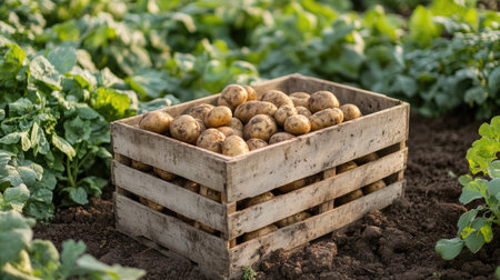 Wooden box placed in a potato field, filled to the top with freshly dug, dirt-covered produceの素材