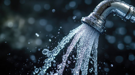 Water gushing from a faucet against a dark, dramatic backgroundの素材