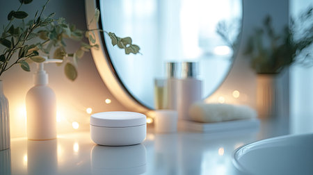 White contact lens case placed on a bathroom counter with a mirror and soft lighting in the backgroundの素材