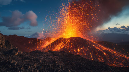 The moment a volcano violently expels magma, sending sparks and debris high into the airの素材