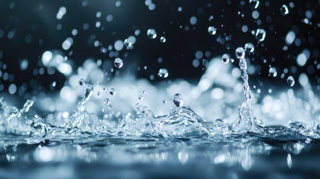 Water droplets suspended mid-air as they spray across a shadowy background, creating a sense of motion and freshnessの素材