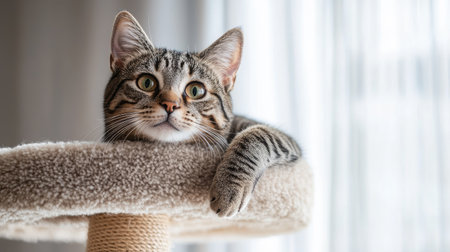 Young tabby cat stretching its paws on the highest perch of a carpeted cat tower, showing off its playful moodの素材