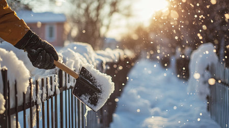 Worker tapping a shovel against a fence to dislodge excess snowの素材