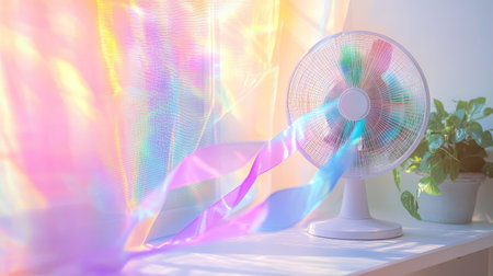 White desk fan blowing pastel ribbons in front of a sunny window, creating a light and refreshing summer vibeの素材