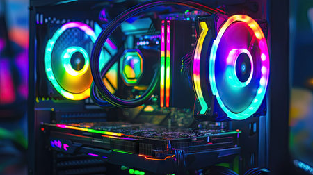 Vibrant rainbow LED fans spinning inside a custom gaming PC, casting colorful reflections on the deskの素材