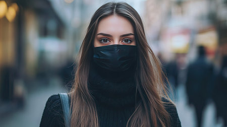 Woman with long hair wearing a black hygienic mask, walking through a city street with blurred urban backgroundの素材