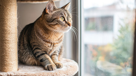 Two-level cat tower with a cute tabby cat sitting proudly at the top, looking out a nearby windowの素材