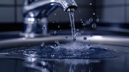 Water drops falling from a faucet in a spotless, contemporary restroomの素材