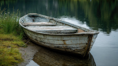 Weathered wooden boat sitting quietly by the water's edge, a symbol of peace and simplicityの素材