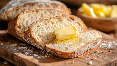 Close-up of freshly sliced bread with a pat of butter melting on top, rustic wooden board and soft morning lightの素材