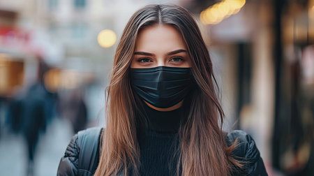 Woman with long hair wearing a black hygienic mask, walking through a city street with blurred urban backgroundの素材