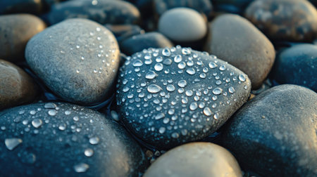 Close-up of smooth river stones covered with tiny water droplets, glistening under soft natural light, creating a serene and refreshing textureの素材