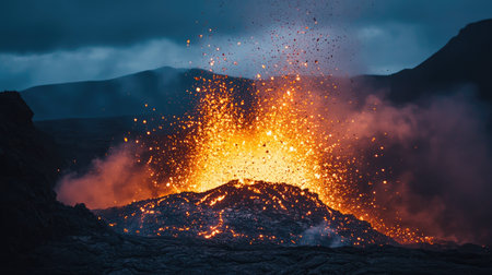 The moment a volcano violently expels magma, sending sparks and debris high into the airの素材