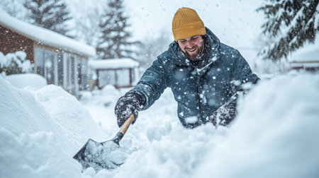 Worker shaking off excess snow from his shovel, ready for the next clearingの素材