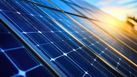 Close-up of photovoltaic panels with sunlight reflections, emphasizing green energy and modern sustainabilityの素材