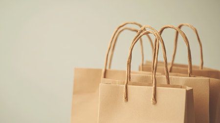 Close-up of kraft paper shopping bags with handles on a soft, light background, ideal for mockups or product displayの素材