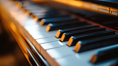 Close-up of piano keyboard showing black and white keys in sharp focus with soft natural lighting and blurred backgroundの素材