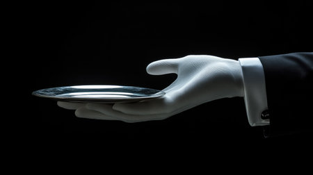 Waiter's hand wearing a pristine white glove carefully balancing a silver platter on a black background, symbolizing fine serviceの素材
