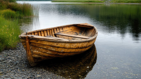 Weathered wooden boat sitting quietly by the water's edge, a symbol of peace and simplicityの素材