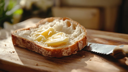 Close-up of soft bread slice with melting butter and knife on wooden cutting board, highlighting textures and freshnessの素材