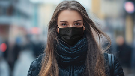 Woman with long hair wearing a black hygienic mask, walking through a city street with blurred urban backgroundの素材