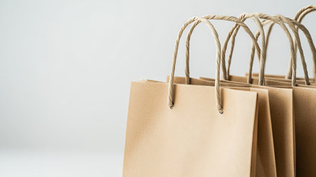 Close-up of kraft paper shopping bags with handles on a soft, light background, ideal for mockups or product displayの素材