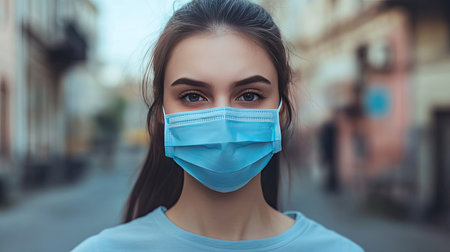 Young woman wearing a blue hygienic mask, standing outdoors with a serious expression, promoting health awarenessの素材