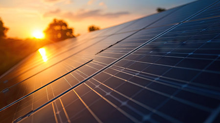 Close-up of photovoltaic panels with sunlight reflections, emphasizing green energy and modern sustainabilityの素材