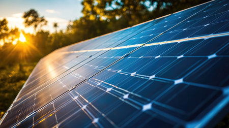 Close-up of photovoltaic panels with sunlight reflections, emphasizing green energy and modern sustainabilityの素材