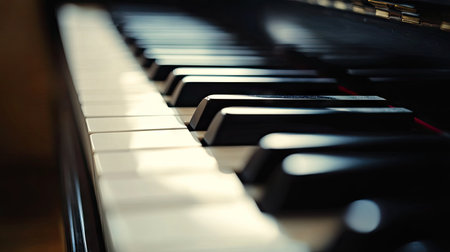 Close-up of piano keyboard showing black and white keys in sharp focus with soft natural lighting and blurred backgroundの素材