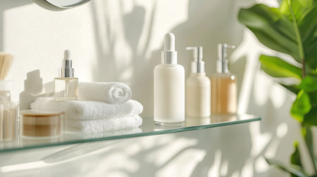 Close-up of luxury serum lotion bottle on transparent glass shelf surrounded by skincare essentials in a bright bathroom settingの素材