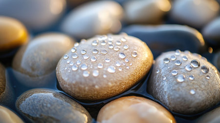 Close-up of smooth river stones covered with tiny water droplets, glistening under soft natural light, creating a serene and refreshing textureの素材